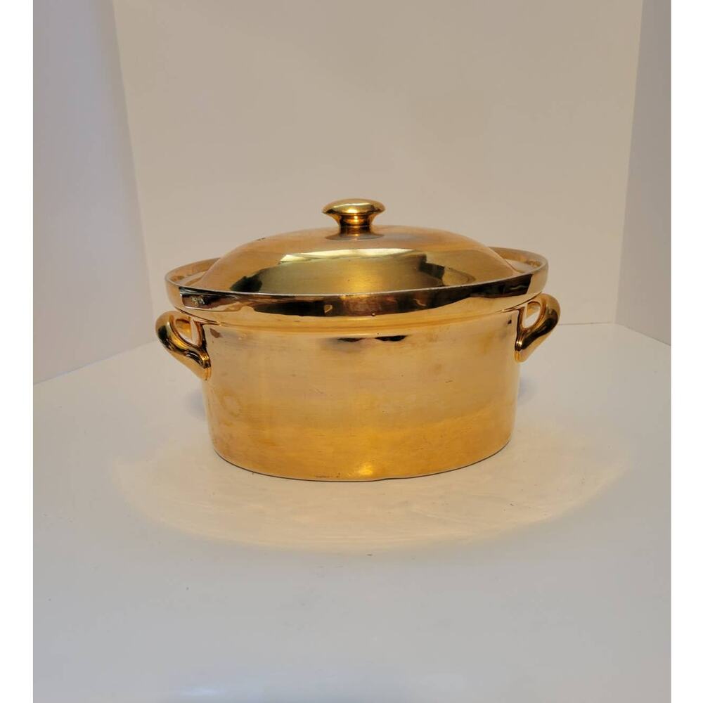 Vintage Hall Golden Glo 22 Karat Gold 2 Quart French Casserole Dish  With Lid